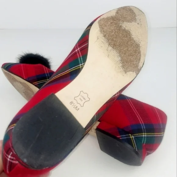 Talbots Edison Tartan Plaid Faux Fur Pom Pom Flats 8.5 - Picture 11 of 15